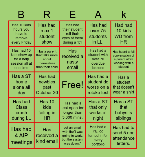6th BREAK 23 Bingo Card