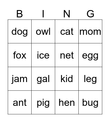 NEMO - THREE-LETTER WORDS Bingo Card
