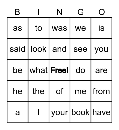 Heart Words 1-42 Bingo Card