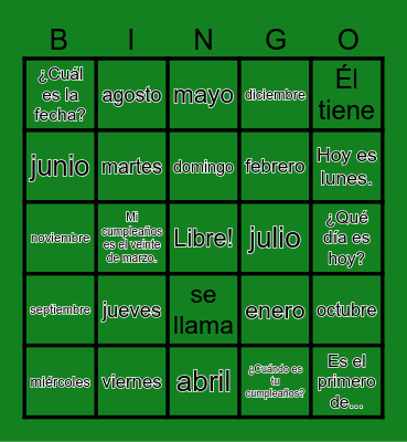 Spanish MONTHS Bingo Card