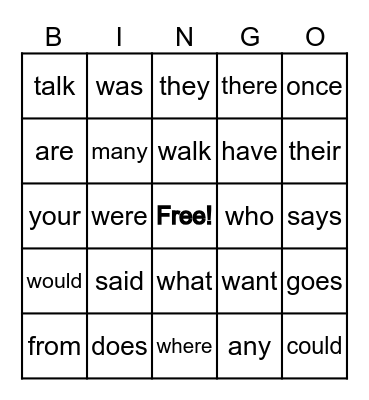 Heart Words 1-64 Bingo Card