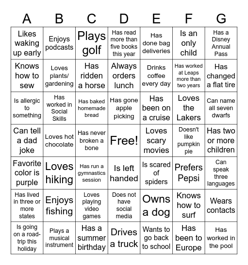 Leaps n Boundz Bingo Card