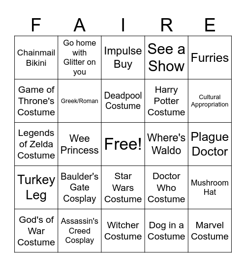 Ren Faire Bingo Card