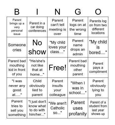 Parent Teacher Conference Bingo Card
