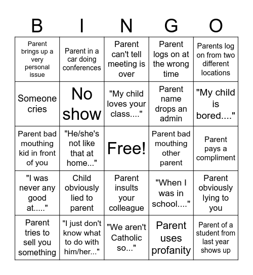 Parent Teacher Conference Bingo Card