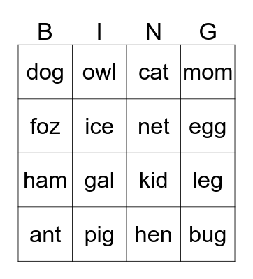 NEMO - THREE-LETTER WORDS Bingo Card