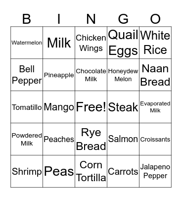 Food Bingo Card