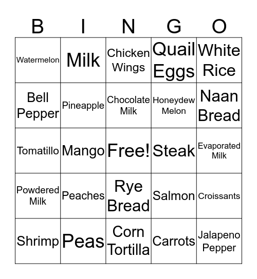 Food Bingo Card