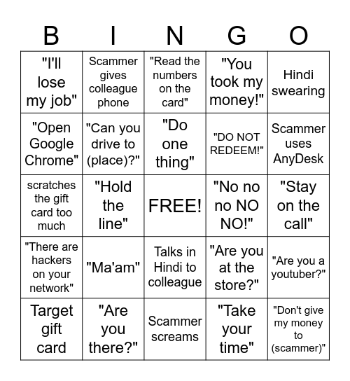 Scammer Bingo Card