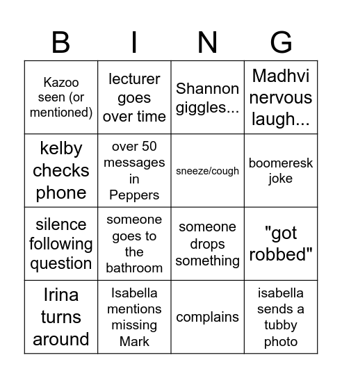 lecture Bingo Card