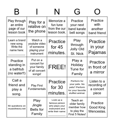 Thanksgiving Break Band Bingo Card