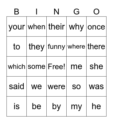 Tricky Words Bingo Card