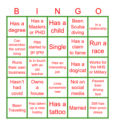 WHS 10 Year Reunion Bingo Card