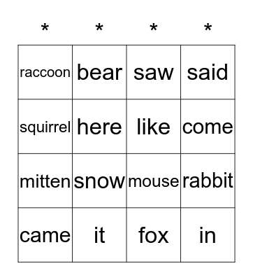 The Mitten Bingo Card