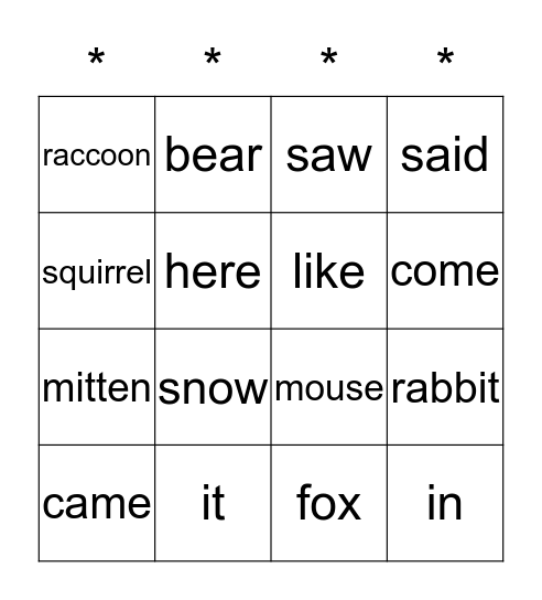 The Mitten Bingo Card