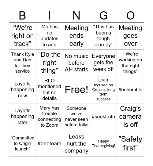 Cruise AH Bingo Card