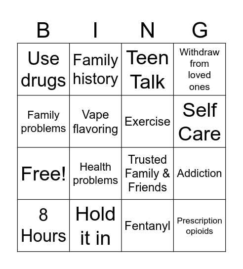 Substance misuse Bingo Card