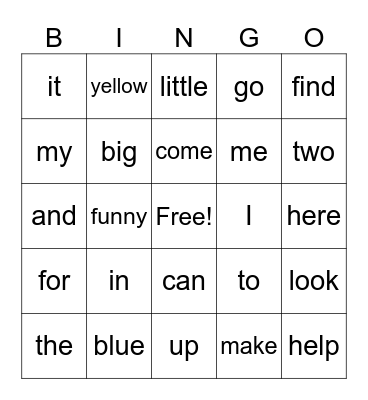 Sight Words Bingo Card