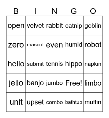 Closed/Open Syllables Bingo Card