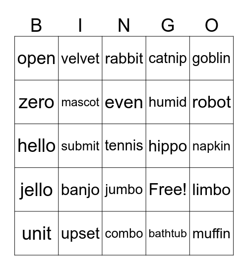 Closed/Open Syllables Bingo Card