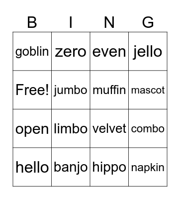 Closed/Open Syllables Bingo Card