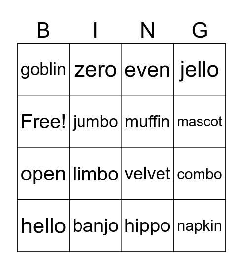 Closed/Open Syllables Bingo Card