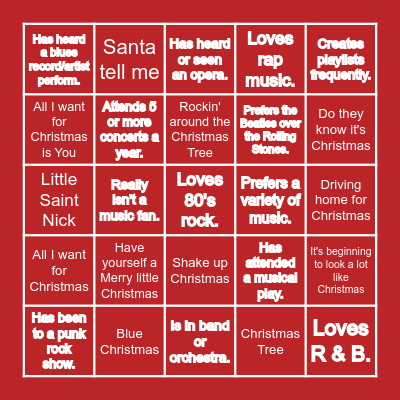 Christmas Music BINGO Card