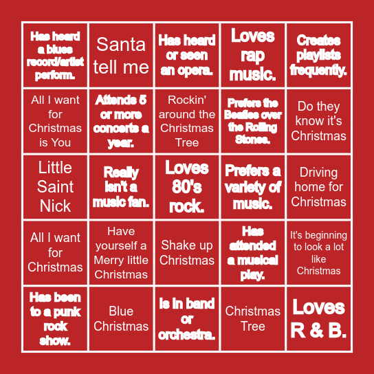 Christmas Music BINGO Card