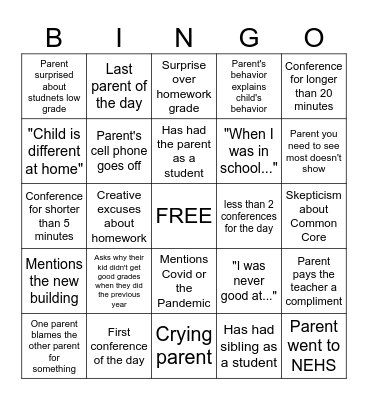 Parent/Teacher Conference Bingo Card