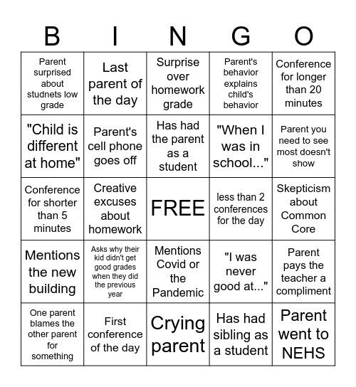 Parent/Teacher Conference Bingo Card