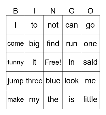 SIGHT WORD BINGO Card