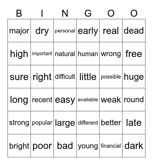 adjectives Bingo Card