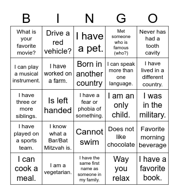 GET TO KNOW YOU BINGO Card