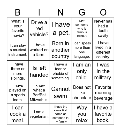 GET TO KNOW YOU BINGO Card