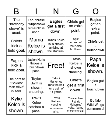 Kelce Family Reunion Game BINGO Card