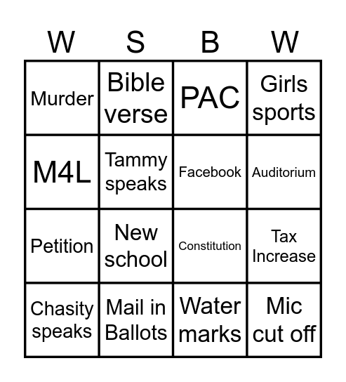 Wilson School Board Bingo Card
