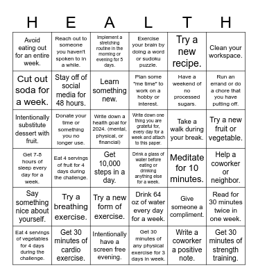 Health and Wellness Holiday Bingo Card