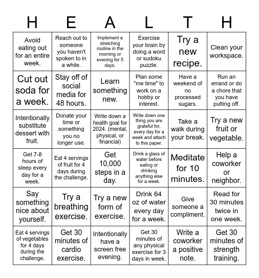 Health and Wellness Holiday Bingo Card