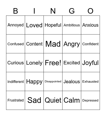 It is okay to have feelings Bingo Card