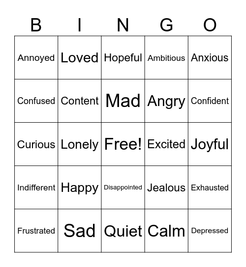 It is okay to have feelings Bingo Card