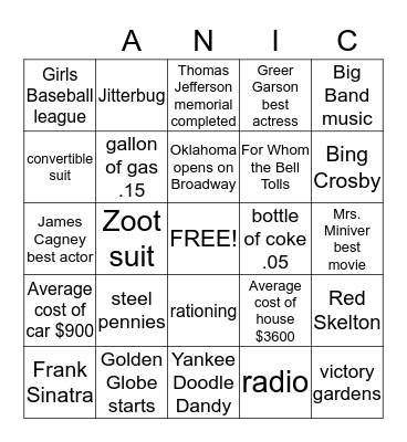 1943 Bingo Card