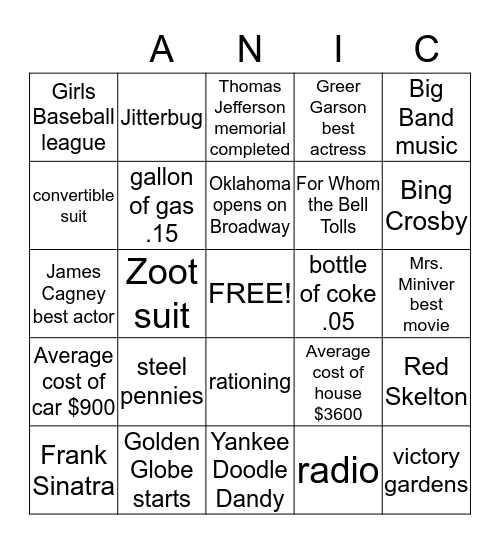 1943 Bingo Card