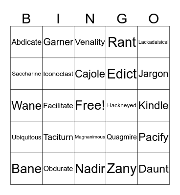 Vocabulary Bingo Card