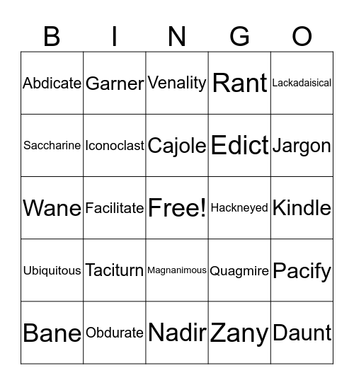 Vocabulary Bingo Card