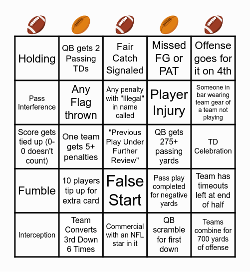 NFL Bingo Card