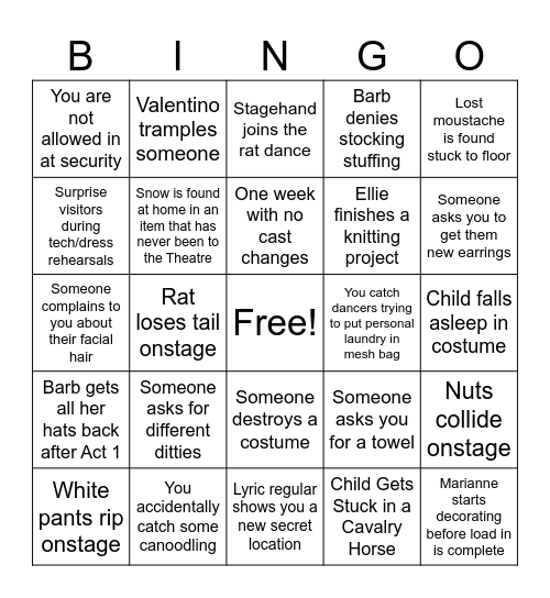 Nutcracker Wardrobe 2023 Bingo Card