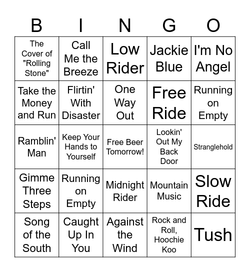 Southern Rock Bingo Card