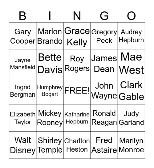 Hollywood Bingo Card