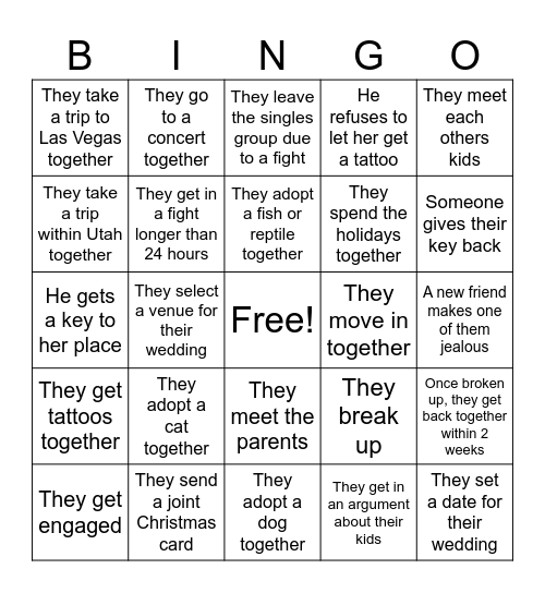 Relationship Bingo Card