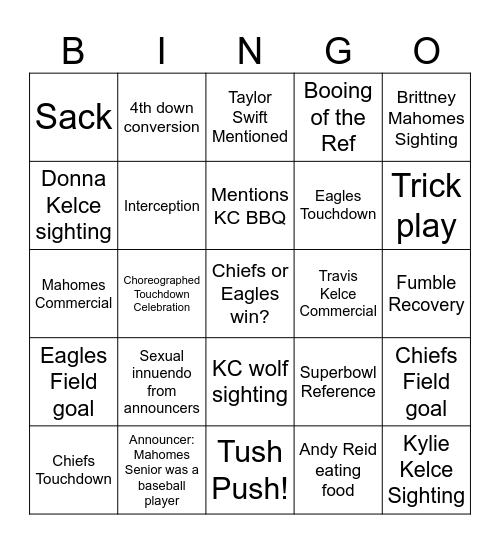 Chiefs (Superbowl Champs) Eagles (Superbowl losers) Bingo Card